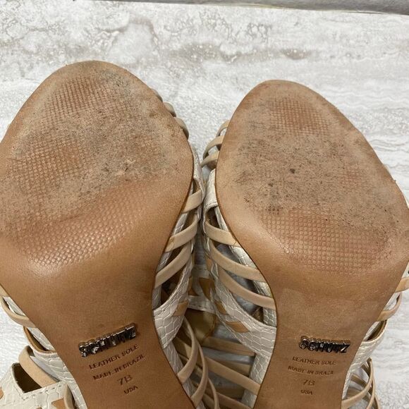 SCHUTZ Snake Print Caged High Heels Leather Sole White Tan Open Toe Ankle Strap - Picture 14 of 16